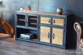 Meuble tv bas en bois avec 1 abattant, 2 niches et pieds métal l165 cm aero chêne symbiosis. Buffet Bas Industriel En Bois Massif Metal Noir Hypnos Sur Mesure