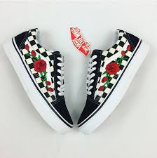 Black And White Checkered Vans Womens Size 7 Custom Checered Vans Old Skool Vans Rose Vans Womens Rose Vans Vans Shoes