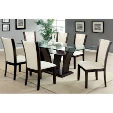 Manhattan Dark Cherry Finish Glass Top 7 Piece Dining Table Set Ivory White Leatherette Glass Dining Room Table Glass Dining Room Sets Glass Dining Table Set