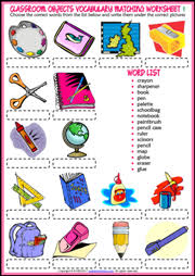 Draw a line from picture on the left to the matching picture on the right. Classroom Objects Esl Vocabulary Worksheets