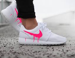 Nike Roshe Run One White With Custom Pink Candy Drip Swoosh Paint Adidas Shoes Women Nike Free Shoes Trending Shoes