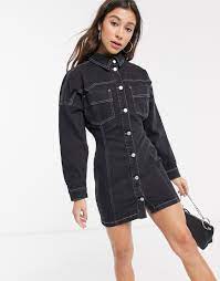 Topshop Denim Mini Dress With Contrast Stitch In Black Modesens