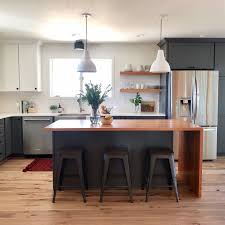 Butcher Block Waterfall Island And Gray Cabinets Kitchen Design Small Small Kitchen Furniture Kitchen Concepts