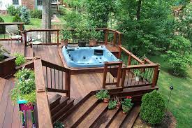 Welcome to hot tub outpost! Deck With Hot Tub Hot Tub Deck Design Hot Tub Landscaping Hot Tub Backyard