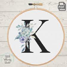Stitch count for birth/wedding announcement is 123w x 191h. K Initial Monogram Letter Teal Purple Botanical Floral Baby Girl Nursery Modern Counted Cross Stitch Pattern Pdf Instant Digital Download In 2021 Monogram Letters Modern Cross Stitch Patterns Purple Botanical