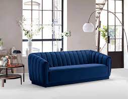 Iconic Home Van Gogh Sofa Velvet Upholstered Vertical Channel Quilted Shelter Arm Design Navy Quilted Sofa Sofa Upholster