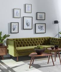 Olive Green Sofa With White Walls Oak Wood Floors White Floors Living Room Furniture Design Living Room Living Room Green