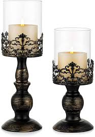 This is a simple glass hurricane candle holders, banded with metal. Amazon Com Sziqiqi Vintage Distressed Black Hurricane Candle Holders Set Of 2 Versatile Metallic Pedestal Glass Floral Centerpiece Base For Wedding Party Home Fireplace Mantel Decoration 10 6in 13in Kitchen Dining