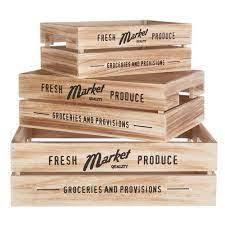 Brambly Cottage Rustic Provisions Wood 3 Piece Organiser Box Set Grocery Store Design Wicker Baskets Storage Wood