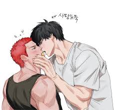 rukawa kaede, sakuragi hanamichi, slam dunk (series), absurdres, highres,  2boys, bara, black hair, black tank top, blush, face grab, food, food in  mouth, imminent kiss, letsnongnol, looking at another, male focus, multiple