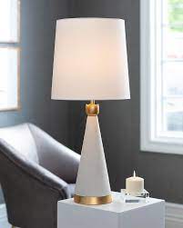 Handmade table lamp, made from oak wood. Juniper Cone White Concrete Brass Table Lamp