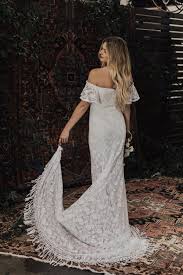 Callista Bohemian Wedding Dress Off Shoulder Lace Boho Wedding Gown With Fringe Hem And Buttons Made To Measure In California Size 0 18
