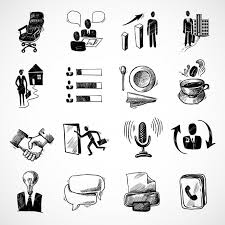 Office Business Sketch Icons Set With Tea Cup Handshake