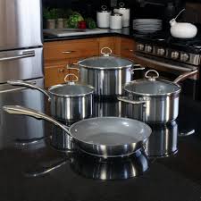 Chantal Induction 21 Steel 7 Piece Stainless Steel Ceramic Nonstick Cookware Set In Brushed Stainless Steel Slin 7c The Home Depot Cookware Set Stainless Steel Induction Cookware Cookware Set