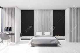 Pour la chambre, alinéa vous présente sa gamme commode, chiffonniers et. Chambre Moderne Et Interieur De Bureau A La Maison Avec Des Murs En Bois Noir Et Blanc Un Sol En Beton Un Lit De Maitre Et Un Bureau D Ordinateur Maquette 3d Banque