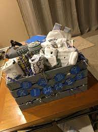 Baby Shower Gift Basket I Made It S Great Because The Crate Can Be Used For Babies Baby Shower Gifts For Boys Thoughtful Baby Shower Gifts Baby Shower Baskets