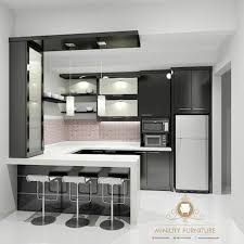Desain kabinet atas dan bawah tetap mengambil garis lurus dengan aksen metal. Kitchen Set Minimalis Modern Model Terbaru Miniuty Furniture