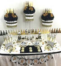 Black And Gold Baby Shower Candy Buffet Centerpiece With Baby Shower Favors Boys Black And Gold Prince Baby Shower Theme And Decorations Baby Shower Candy Candy Buffet Baby Shower Baby