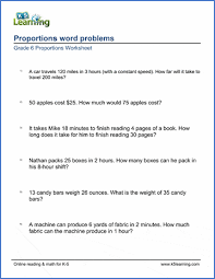Perform operations to both sides of the equation in order to isolate the variable. Grade 6 Math Worksheet Proportions Word Problems K5 Learning