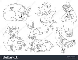 Cute Animals Coloring Page Outline Animal Characters Forest Animals Collection With Deer Family Christmas B Animal Coloring Pages Christmas Bear Winter Bird