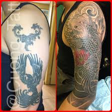Koi Cover Up Halfsleeve Tattoo Only At Amour Tattoo Come Check Us Out Everyone Cover Up Tattoos Cover Up Tattoos Before And After Cover Tattoo