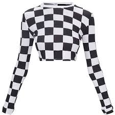 Black And White Checkered Off The Shoulder Top Monochrome Checkerboard Grid Check Long Sleeve Crop Top 408 760 Vnd Liked On Polyvore Featuring Long Sleeve Crop Top White Long Sleeve Top Long Sleeve Tops