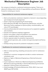 Mechanical Maintenance Engineer Job Description | Velvet Jobs