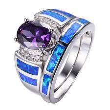 Purple Amethyst Blue Fire Opal Wedding Rings Set 10kt White Gold Filled Size5 10 Handmade Solitairewithaccents Engagementweddingpartyanniversary