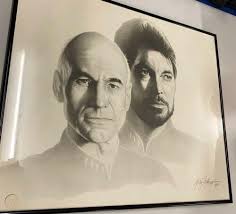 FRAMED SIGNED GARY SADERUP ART PRINT STAR TREK LITHO PICARD RIKER SKETCH  1992