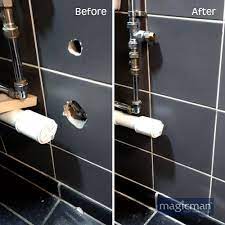 Installing tile in a kitchen or bathroom is hard work. Holes In Ceramic Tiles Repaired To Perfection Without The Need To Find Replacement Tiles Holes Tiles Ceramic Restored R Tile Repair Ceramic Tiles Repair