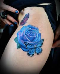 Gorgeous 3d Butterfly And Blue Rose Tattoos Tatouage Tatouage Rose Tatouage Feminin
