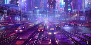 Three White Bullet Trains Niyas Ck Illustration Train City Neon Science Fiction Concept Art Cityscape Cyberpunk Digitale Malerei Cyberpunk Illustration