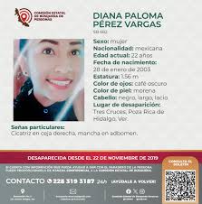 Solicitamos su colaboración para localizar a la C. Diana Paloma Pérez  Vargas, desaparecida desde el 22 de noviembre de 2019, cualquier  información contactar al número y/o correo que aparecen al margen de
