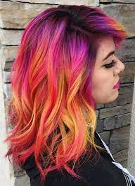 Red Yellow Mixed Dyed Hair Color Idea Inspiration Hair Styles Bright Hair Colors Sunset Hair