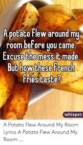 A potato flew around my room is a vine meme that became popular in late 2014. A Potato Flew Around My Room Lyrics A Potato Flew Around My Room Song Lyrics A Potato Flew Stream A Potato Flew Around My Room Remix By Harryredz