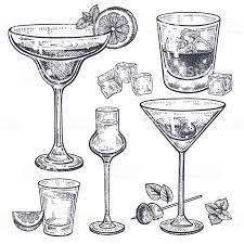 Alcoholic Drinks Set Margarita Whiskey Tequila Vodka And Vermouth Cocktail Illustration Cocktails Drawing Alcoholic Drinks