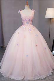 Sweet 16 dresses with flowers. Pink Tulle Floor Length V Neck Long Sweet 16 Prom Dress Long 3d Flower Lace Appliques Graduation Dress