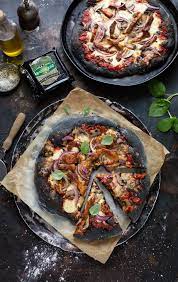 Black Pizza With Chipotle Bbq Chicken Mushrooms Red Onion Recipe Drizzle And Dip Recipe Red Onion Recipes Recipes Stuffed Mushrooms