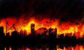 Burning city ruins and town destruction from earthquake, bomb explosion attack and world apocalypse catastrophe. City On Fire Wallpapers Top Free City On Fire Backgrounds Wallpaperaccess