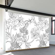 Black And White Floral Mural Wallpaper Sketch Floral Wall Mural Wall Murals Diy Wall Murals Painted Floral Wall