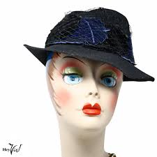 Vintage 1940s Hat Black Shaped Wide Brim w Velvet Appliques Net Veil