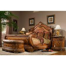 Spruce wood solids in a rustic ranch finish. Aico Michael Amini 3pc Cortina Queen Size Sleigh Bedroom Set In Honey Walnut Finish