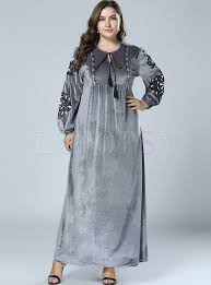Casual O Neck Tied Embroidered Velvet Maxi Dress Plus Size Maxi Dresses Velvet Dress Long Maxi Dress