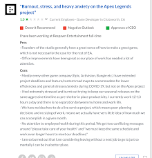 Submitted 22 days ago by chill_confirmed. Just Came Across This On Glassdoor And Have To Feel A Bit Sad For The Devs Apexlegends