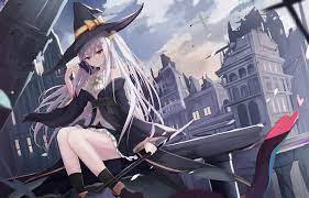 Animal Boots Building Cat City Clouds Hat Kneehighs Long Hair Original Ponytail Red Eyes Ruins Skirt Sky Staff Touhourh Weapon White Hair Witch Witch Hat Konachan Net Konachan Com Anime Wallpapers