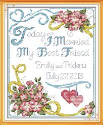 Our 50th or golden wedding anniversary cross stitch patterns are personalised with the couple initials, names, date of anniversary and year of married and the base color of the lettering is in an appropriate golden color. Wedding Anniversary Cross Stitch Patterns