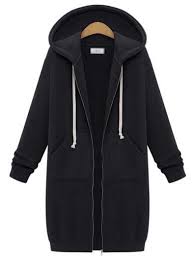 Hooded Drawstring Zipper Black Coat Shein Sheinside Long Hoodie Coats For Women Women Hoodies Sweatshirts