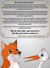Gierig fraß der fuchs alles allein, obgleich er den storch unaufhörlich bat, es sieh doch schmecken. Fabeln Sagen