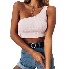 Womens One Shoulder Casual Sleeveless Slim Fit Crop Tops