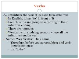 Which it is just depends on the verb in question, although new verbs entering the language almost always end in the technical term for the word to in this case is an infinitival complementiser. Verbs A Infinitive The Name Of The Basic Form Of The Verb In English It Has To In Front Of It French Verbs Are Grouped According To Their Infinitive Ppt Download